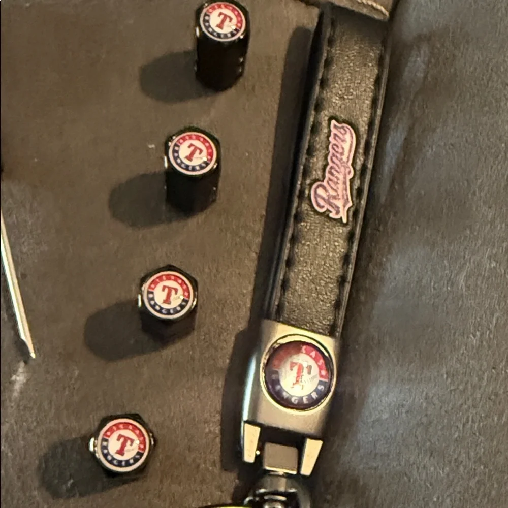 Texas Rangers Keychain and Tire Valve Caps Set